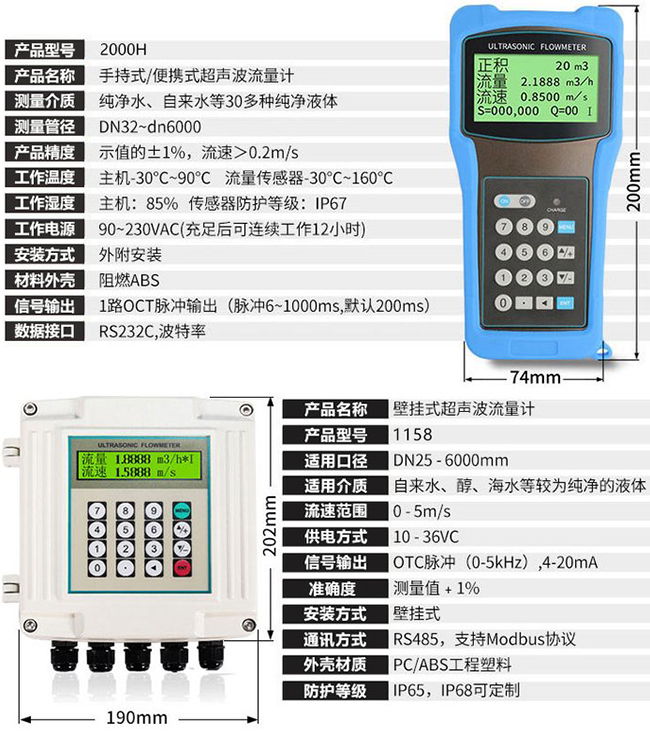 壁掛式超聲波流量計技術參數對照表
